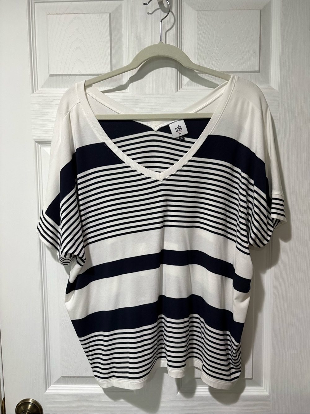 CAbi Navy and White Striped V-Neck Jersey Top